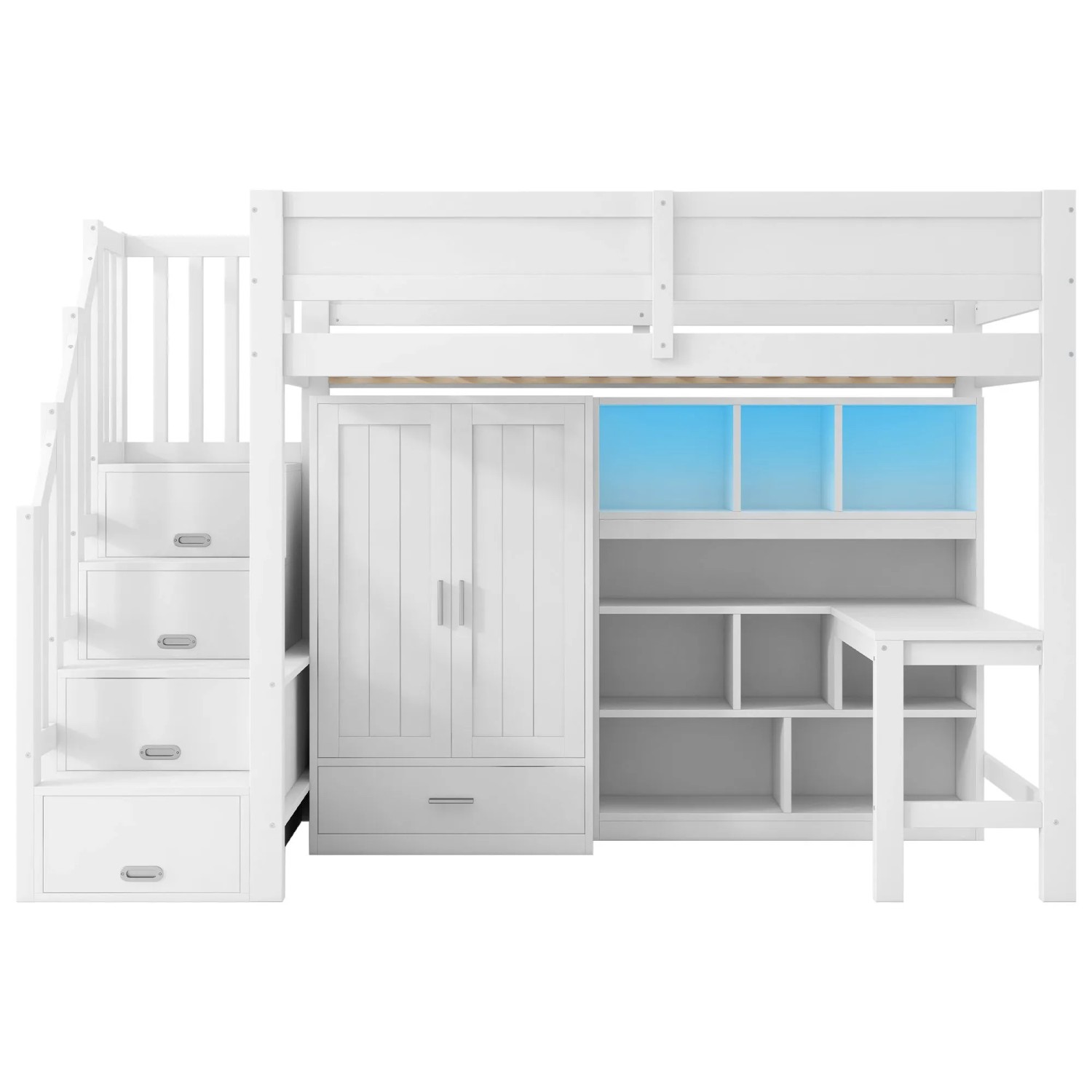 Merax Hochbett 90x200 cm mit Schreibtisch Regal Kleiderschrank LED Weiß