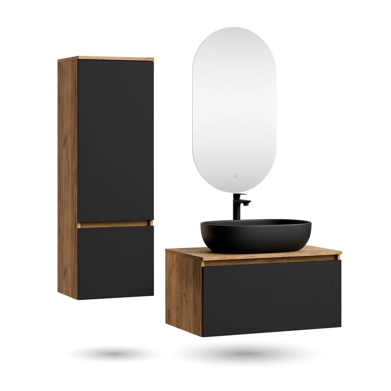 Planetmöbel ARISA Badmöbel Set 80 cm Schwarz mit Hochschrank LED Spiegel Dimmbar und Keramik Aufsatzwaschbecken 60 cm Schwarz