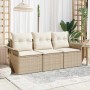 Beiges 3-tlg. vidaXL Garten-Sofa-Set aus Poly Rattan mit Kissen und Stauraum.