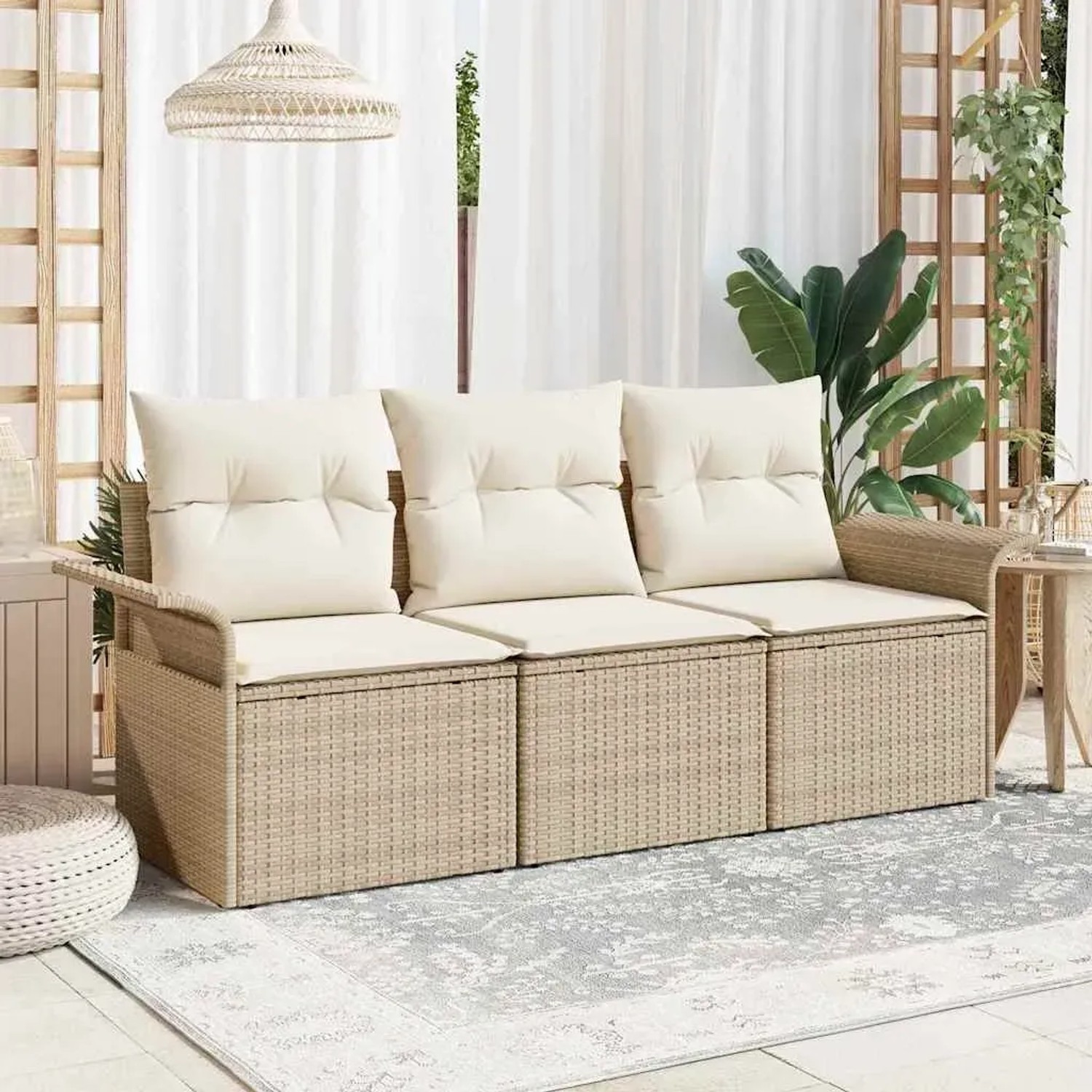 Beiges 3-tlg. vidaXL Garten-Sofa-Set aus Poly Rattan mit Kissen und Stauraum.