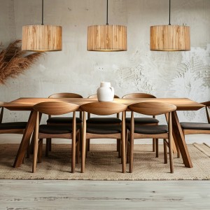 Briloner Pendelleuchte Swing Nature, 3-flammig, Seegras-Schirme über Esstisch.