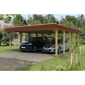 Skan Holz Doppelcarport Spreewald mit roter Blende, Holzkonstruktion für zwei PKW.