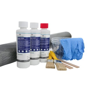 DD Composite Carbon Komplett-Set 1,0m² Köper: Carbongewebe, Epoxidharz, Härter, Pinsel, Rührbecher, Handschuhe.