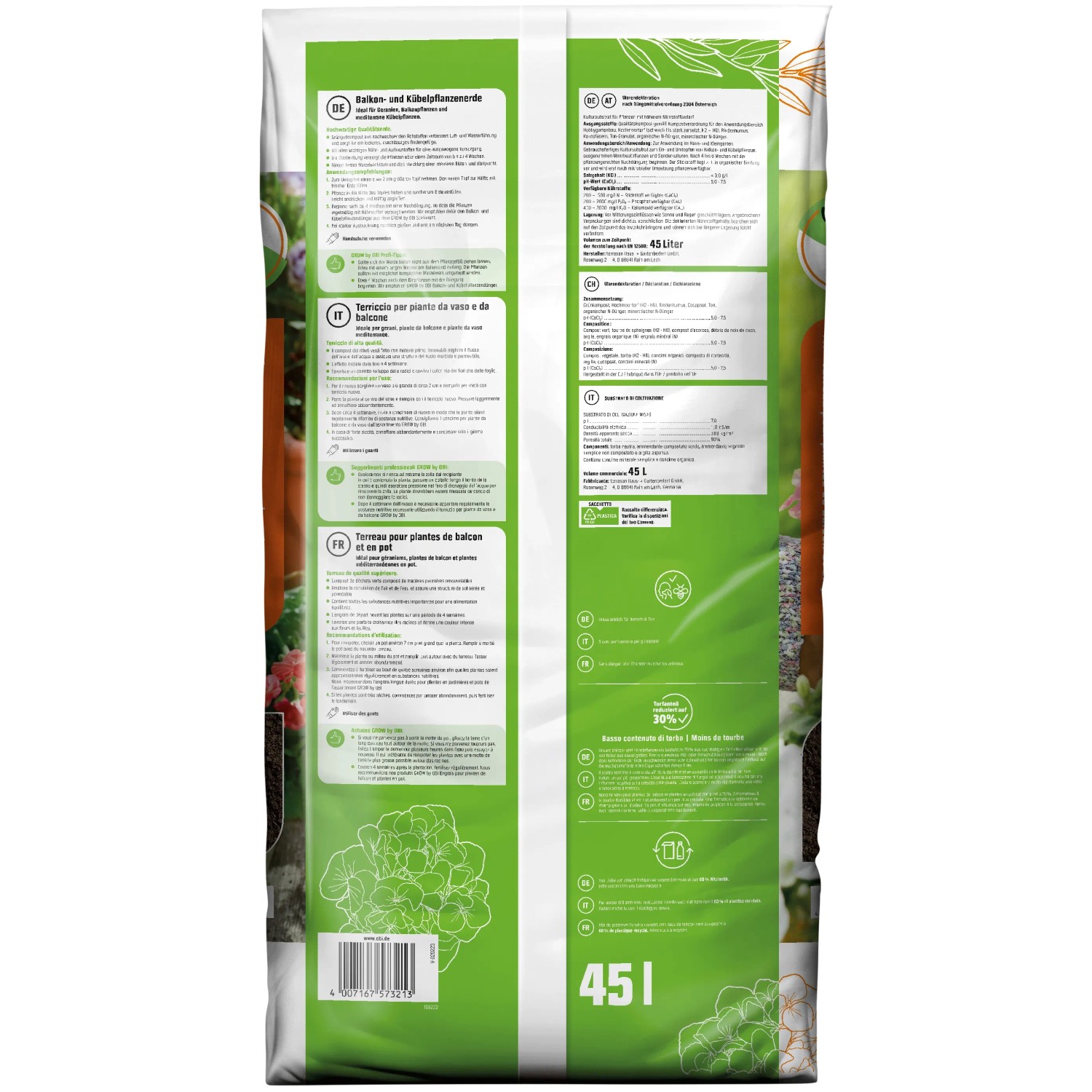 GROW by OBI Balkon- und Kübelpflanzenerde, 45l Sack, Rückseite mit Produktinformationen.