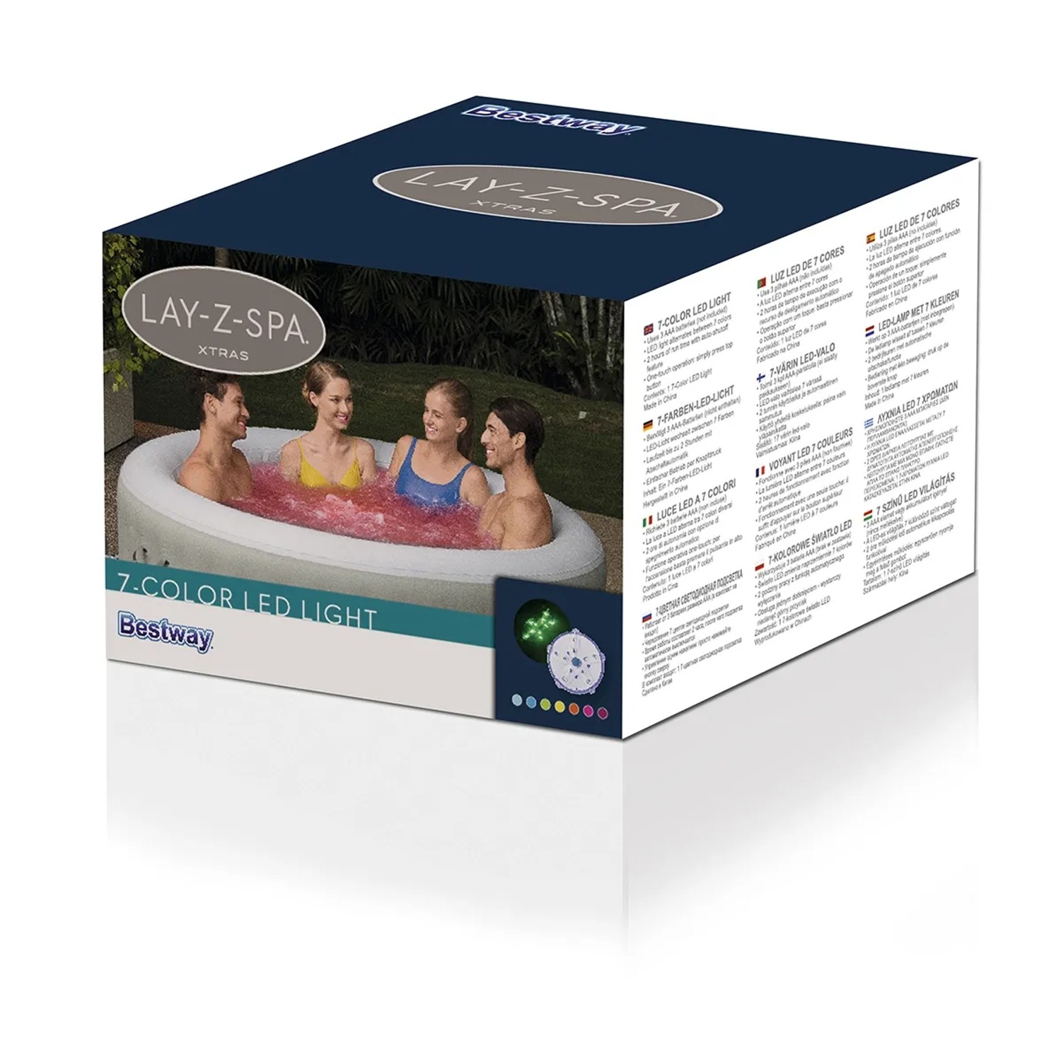 Bestway Lay-Z-Spa LED-Licht, 7-farbig, 1,8W, für Whirlpools, auf der Verpackung abgebildet.