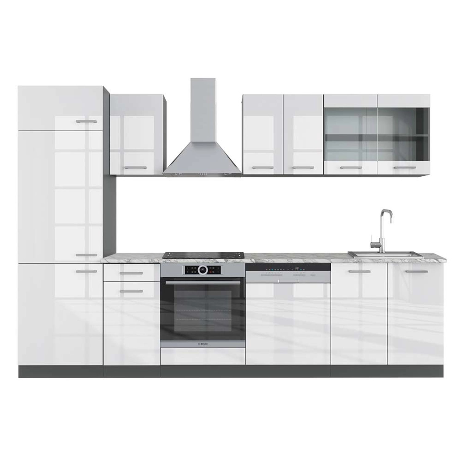 Vicco R-Line Küchenzeile Weiß Hochglanz/Anthrazit 300 cm AP Marmor günstig online kaufen