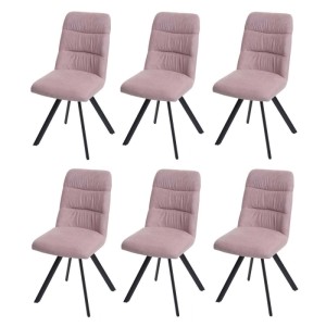 Sechs rosa Esszimmerstühle im 6er-Set. Samtbezug, schwarze Metallbeine, drehbar. Modernes Design für Tischsitze.