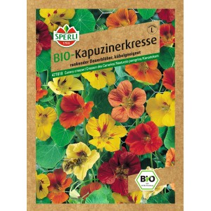 Samenpackung Sperli Bio-Kapuzinerkresse mit bunten Blüten und Blättern.