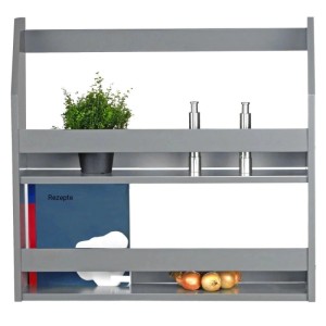 Graues Homestyle4u Wandregal aus Kiefernholz mit zwei Ablagen, dekoriert mit Pflanzen, Büchern und Zwiebeln. Vielseitiges Hängeregal.