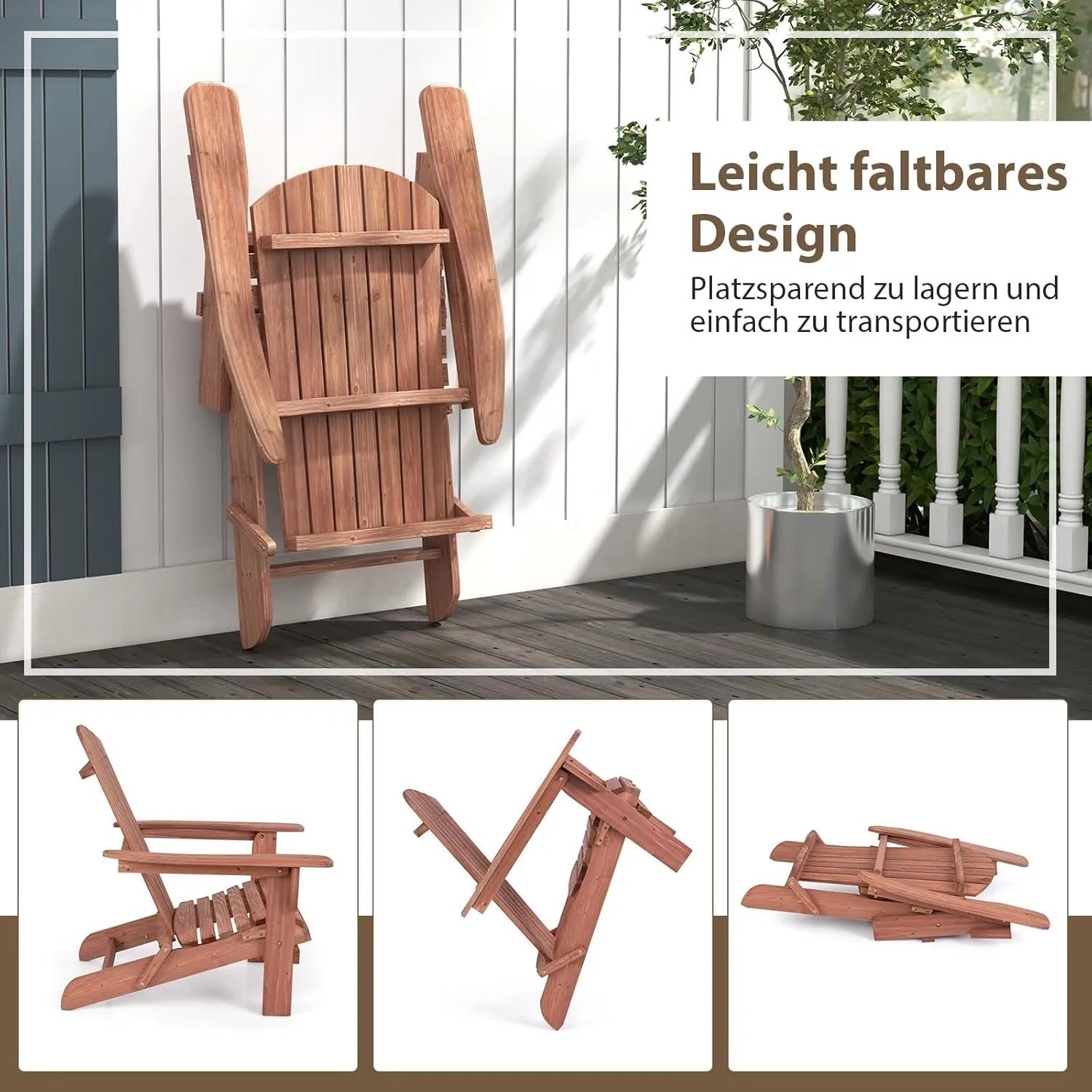 Klappbarer Costway Adirondack Gartenstuhl aus Naturholz, gefaltet an Wand gelehnt. Zeigt auch entfaltete und teilweise gefaltete Ansichten.