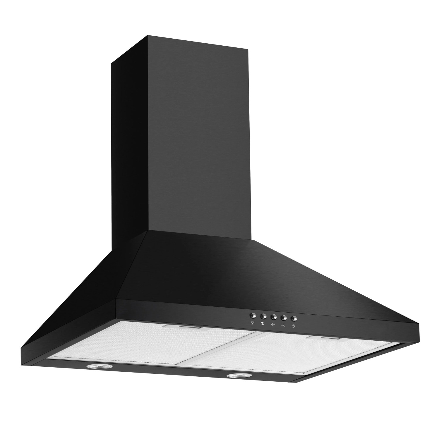 Schwarze Kopffreihaube mit schrägem Design, Bedienelementen und Beleuchtung. Ideal für moderne Küchenzeilen.