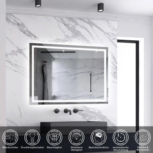 Rechteckiger Badspiegel 70x50 cm mit LED-Beleuchtung, Drehknopf und Dimmfunktion.