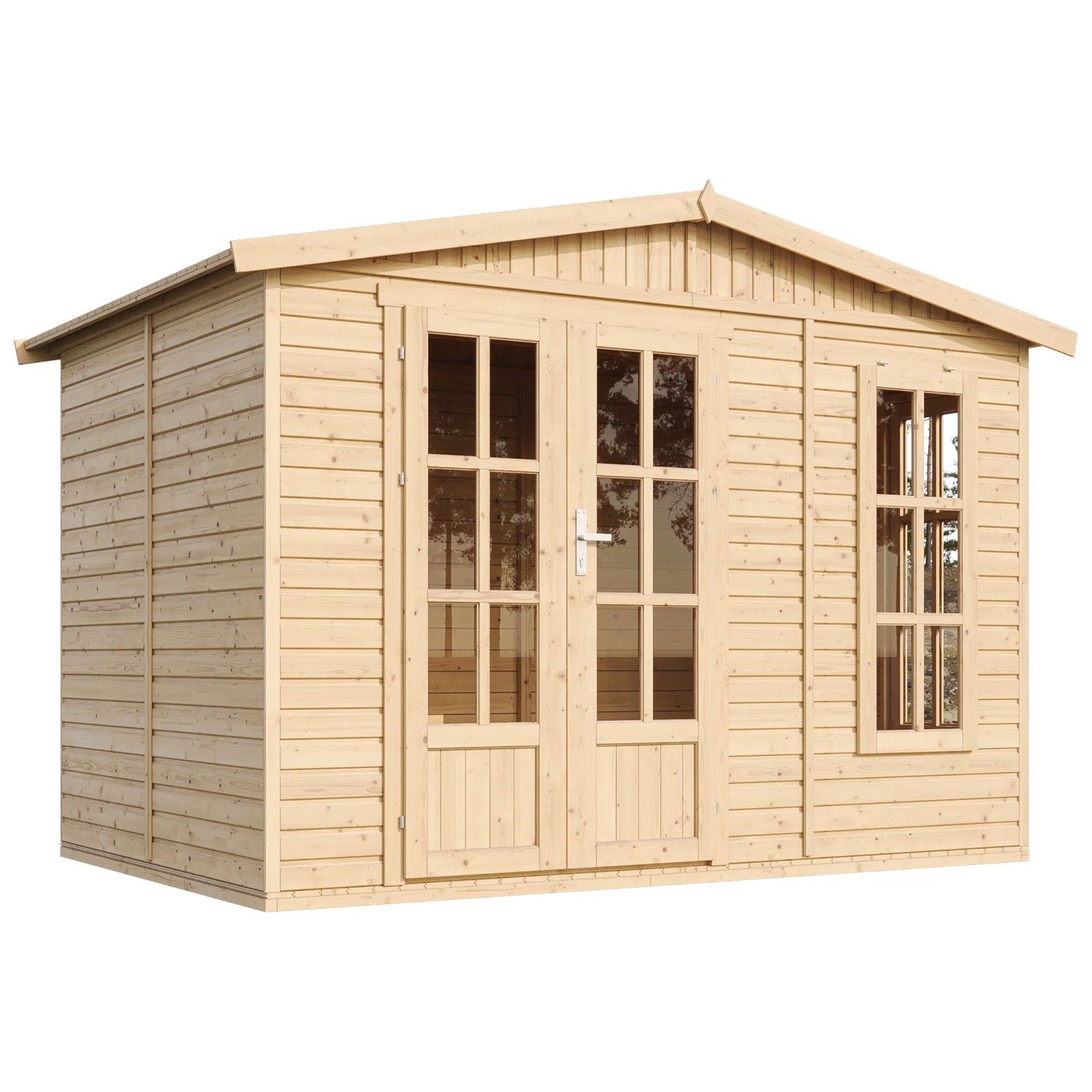 Timbela Holz-Gartenhaus M334FB+H334FBRED mit rotem Dach, 6,03 m², mit Boden.