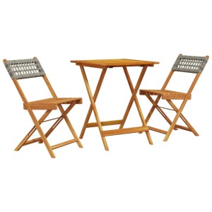 Graues 3-tlg. Bistro-Set aus Akazienholz und Poly Rattan, klappbar für Garten, Balkon oder Terrasse.