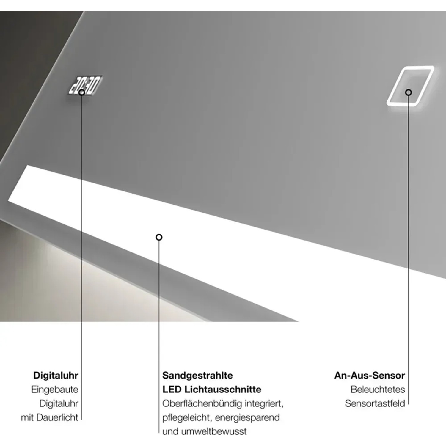 Detailaufnahme: DSK Design LED-Lichtspiegel Silver Conde 160x60 mit Digitaluhr und Touchsensor.
