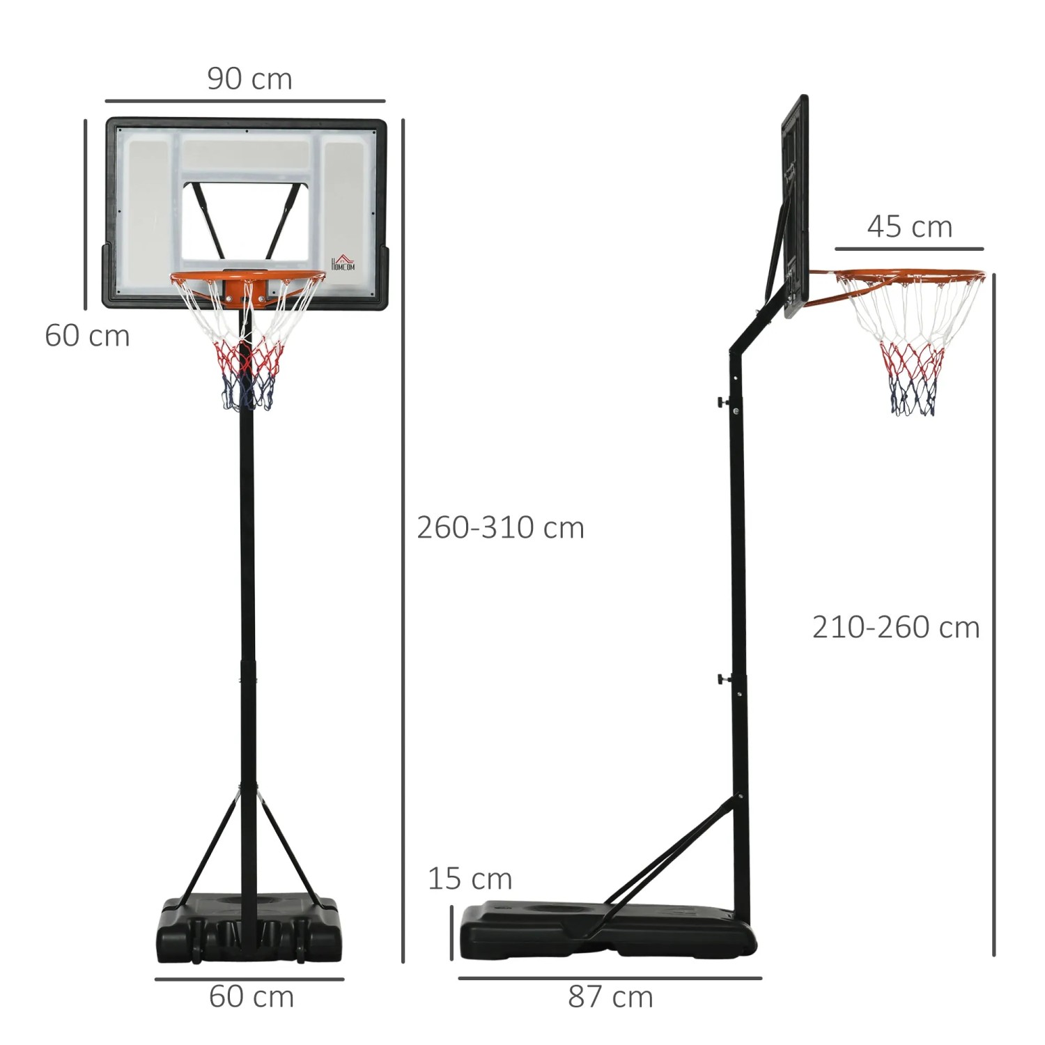 HOMCOM Basketballständer, höhenverstellbar, Stahl/Kunststoff, mit schwarzem Sockel.