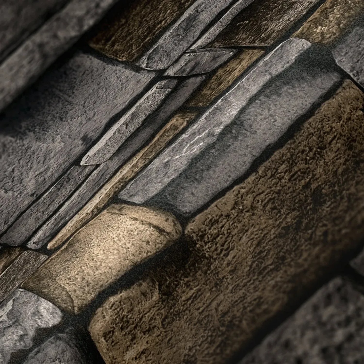 A.S. Création Vliestapete mit Steinmauer-Motiv in Grau und Braun.