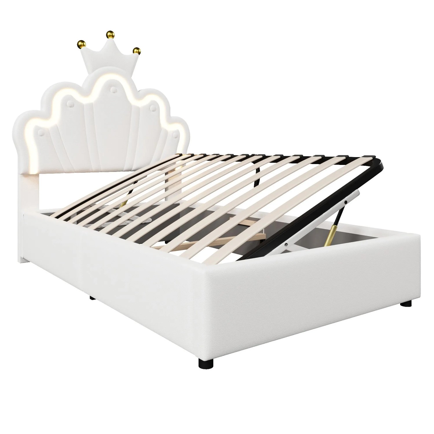 okwish Polsterbett 90x200cm mit LED Hydraulik Kronenform Kinderzimmer Weiß ohne Matratze