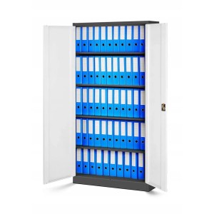 Jan Nowak Aktenschrank JAN H, anthrazit-weiß, mit geöffneten Türen und blauen Ordnern.