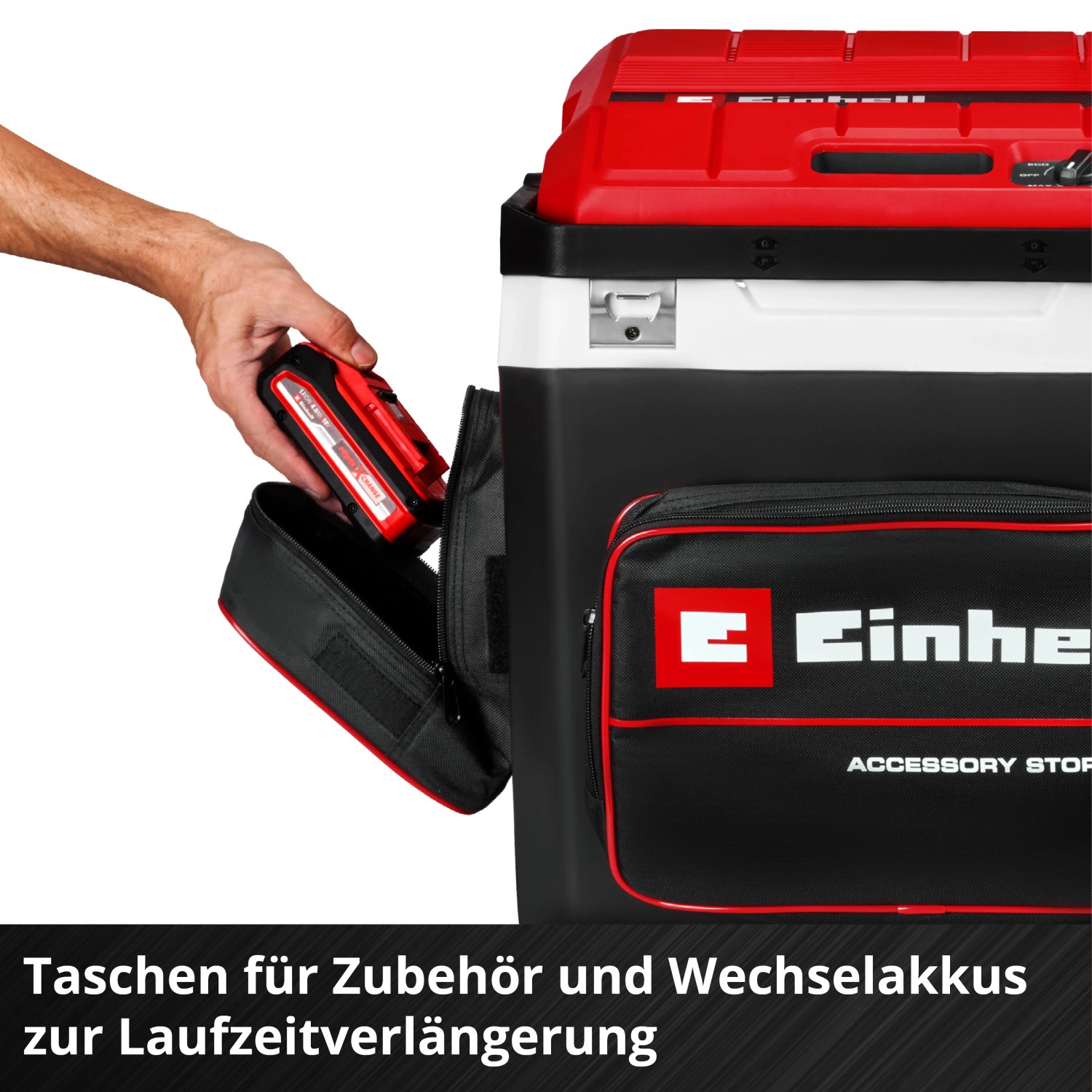 Einhell Akku-Kühlbox TE-COL 18/27 Li-Solo mit Akku in Seitentasche.