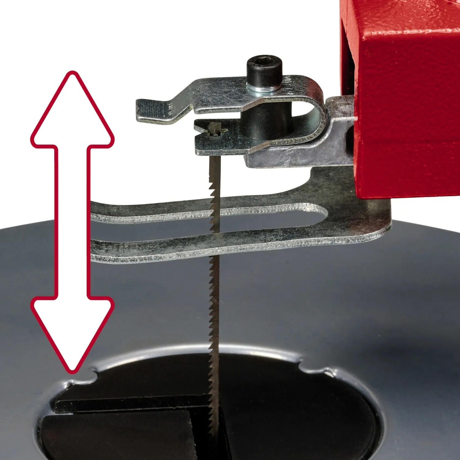 Detailaufnahme der Einhell TC-SS 406 E Dekupiersäge mit Sägeblatt und Spannvorrichtung.