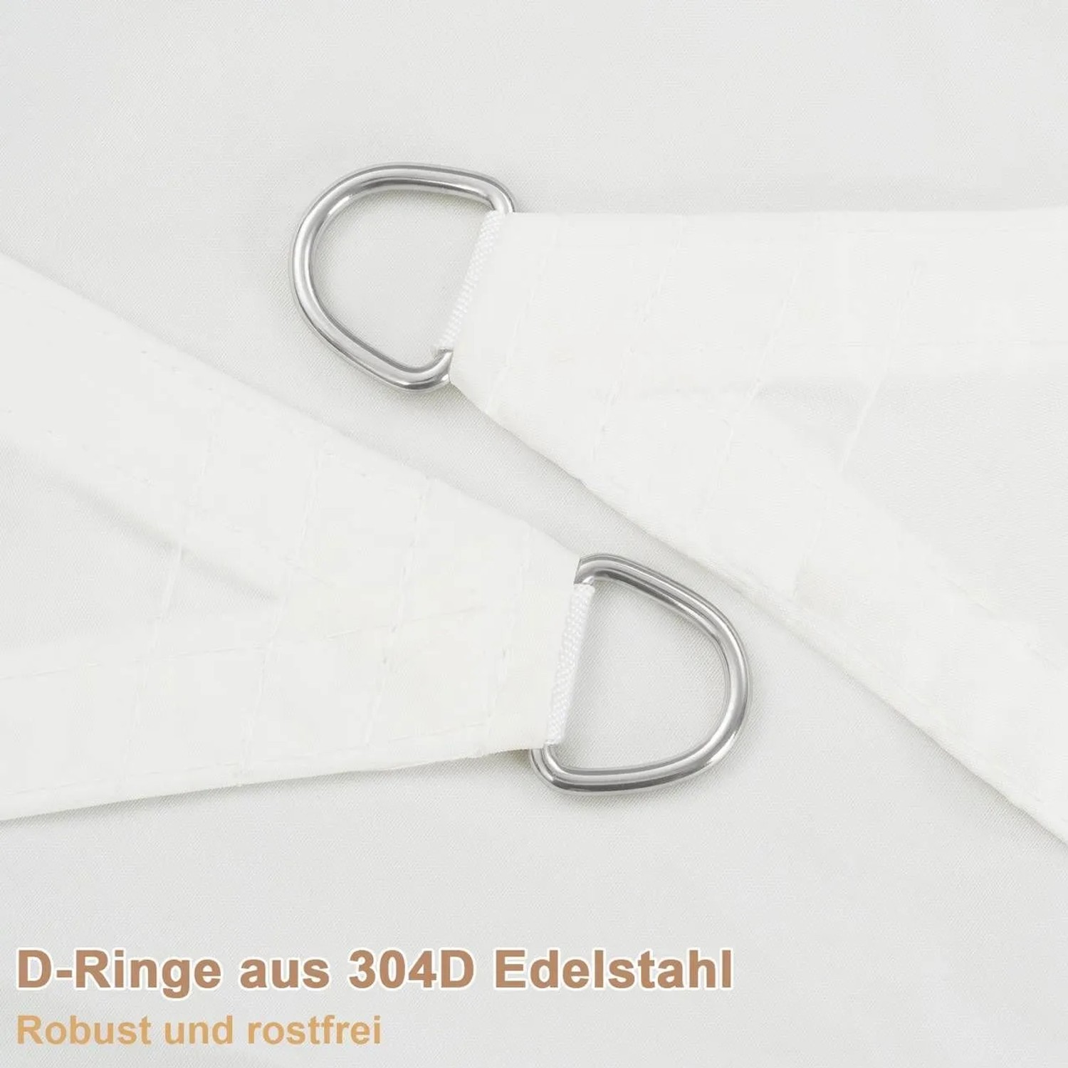 Detailaufnahme: Creme-farbenes WOLTU Sonnensegel mit D-Ringen aus Edelstahl.