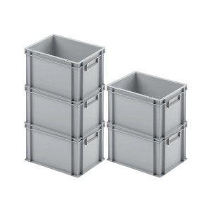 Sparset: Graue Euroboxen (5 Stk.) mit geschlossenem Griff, 22 Liter, stapelbar.