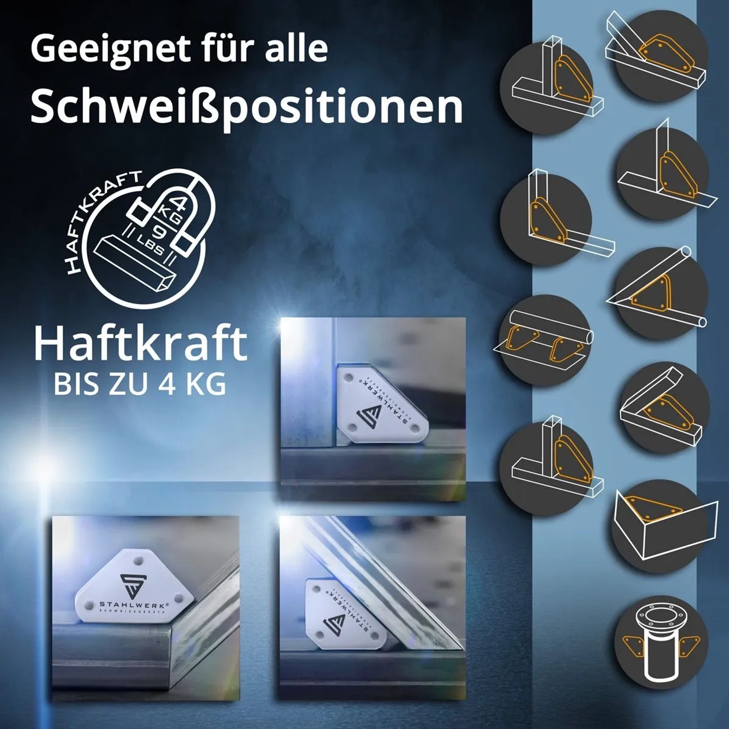 STAHLWERK Magnet-Schweißwinkel Set (6 Stk.) für Schweißgeräte. Hält Metall in Winkeln 30-135° mit 4 kg Haftkraft. Ideal für Schweißen.