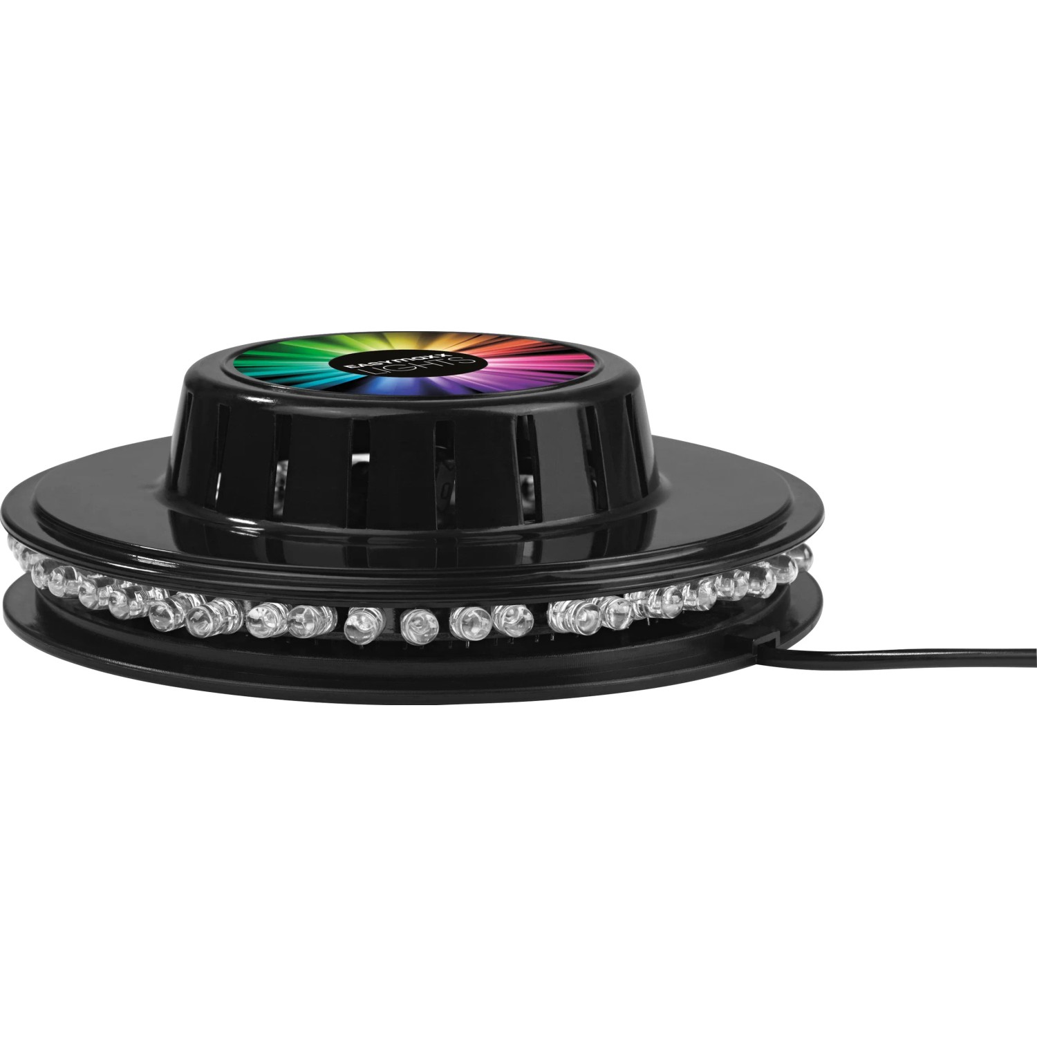 Easymaxx LED-Lichtrad Galaxy, eine schwarze Wandlampe mit bunten Lichteffekten und USB-Kabel.