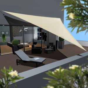 Beiges dreieckiges AMANKA HDPE Sonnensegel 7x7x7m über moderner Terrasse. Bietet UV-Schutz und Beschattung für Garten & Balkon.