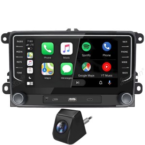 Schwarzes Junsun Autoradio mit 7-Zoll Touchscreen, GPS Navigation, CarPlay, Android Auto und Rückfahrkamera für VW.