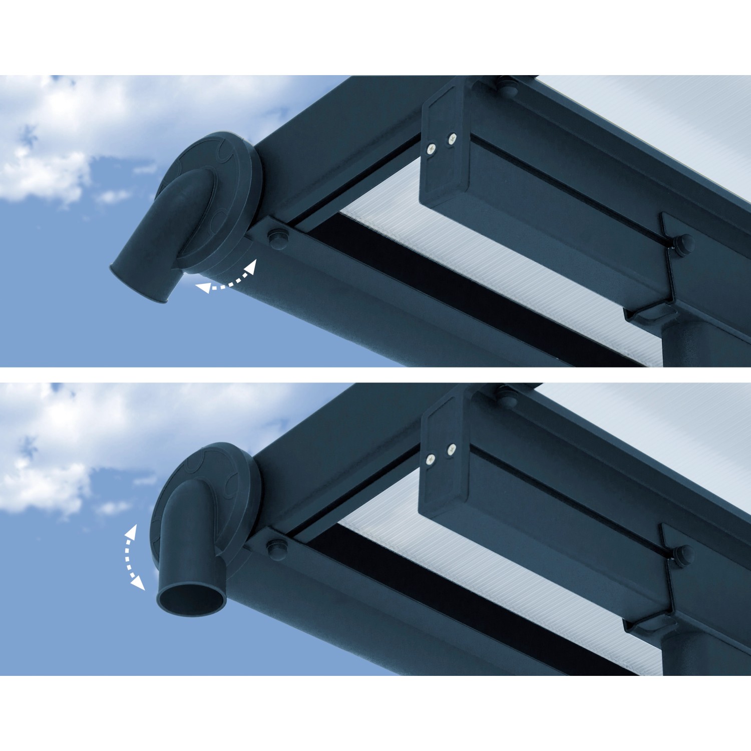 Detailaufnahme: Graue Palram Sierra Terrassenüberdachung mit Entwässerungssystem.