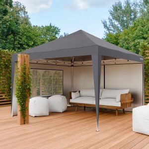 Grauer 24MOVE Pavillon 3x3m mit UV-Schutz und wasserfestem Dach im Garten.