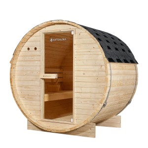 Artsauna Fasssauna Spitzbergen 120 cm für 2 Personen aus Fichtenholz mit Saunaofen.