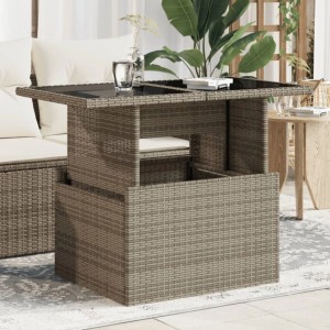 Grauer vidaXL Gartentisch mit Glasplatte aus Poly Rattan, höhenverstellbar.