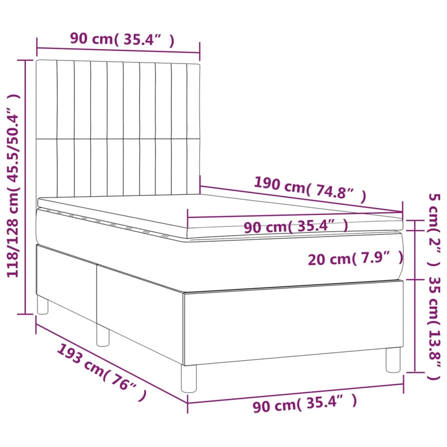 vidaXL Boxspringbett, dunkelgrün, 90x190 cm, Samt. Bett mit Matratze und Kopfteil, Größenangaben.