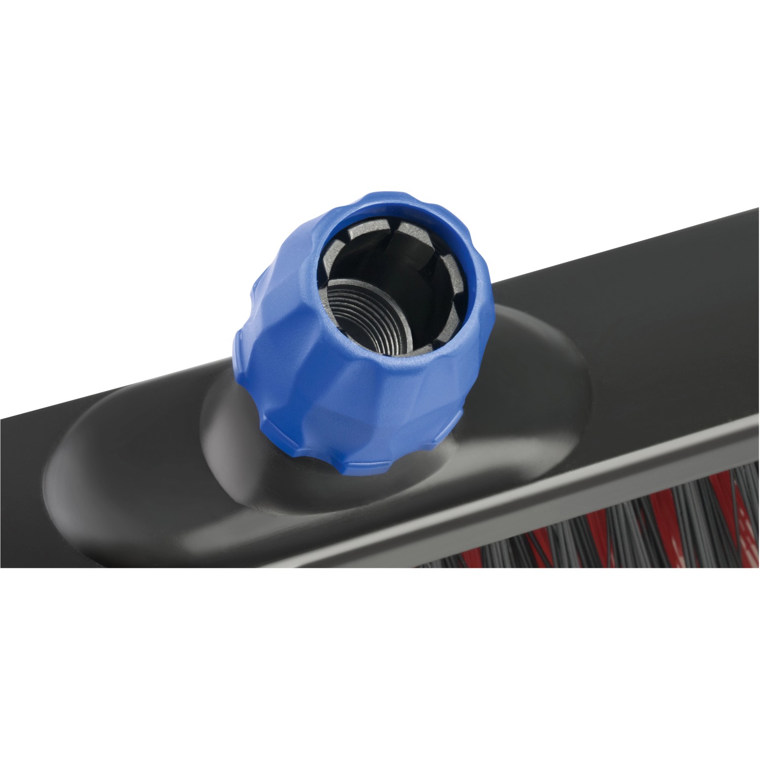 Detailaufnahme LUX Straßenbesen Professional 2in1 Elaston mit Stiel, blaue Stielaufnahme.
