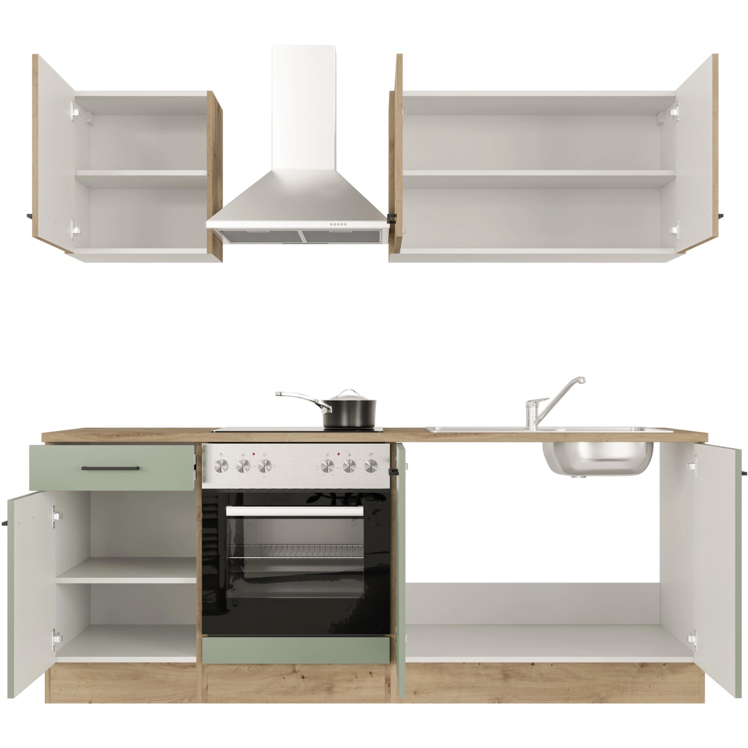 Flex-Well Küche in Schilfgrün/Artisan Eiche mit E-Geräten und Spüle, 210 cm breit.