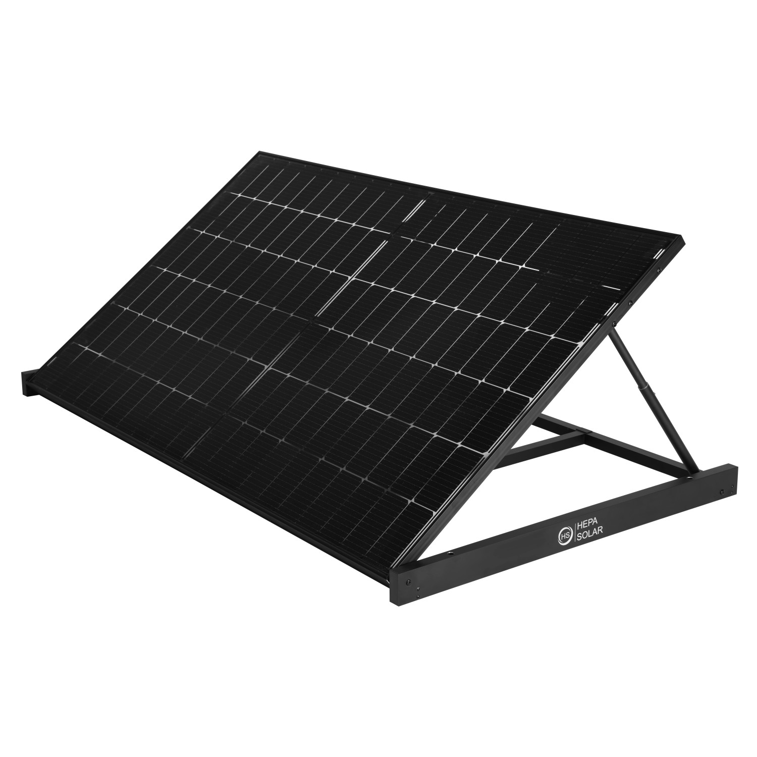 Schwarzes Hepa Solar Balkonkraftwerk Basic mit verstellbarem Rahmen.