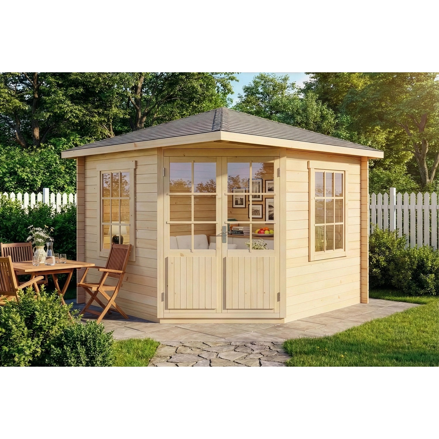 Alpholz Gartenhaus Monica-28 Natur 300 cm x 300 cm mit Spitzdach