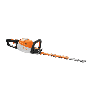 Stihl Akku-Heckenschere HSA 140 R, orange-weißes Gehäuse, schwarze Griffe, lange Klinge. Für professionelle Gartenarbeit.