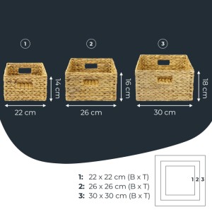HMF Aufbewahrungskörbe, 3er Set, geflochten aus Wasserhyazinthe, quadratisch, in Naturtönen.