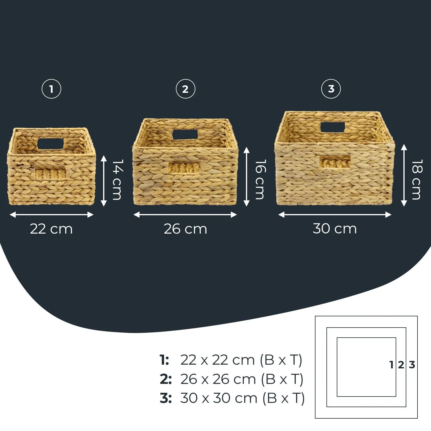 HMF Aufbewahrungskörbe, 3er Set, geflochten aus Wasserhyazinthe, quadratisch, in Naturtönen.