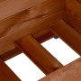 Detailansicht des braunen Dobar Hochbeets Rollfi mit Rollen und Unterkonstruktion aus Holz.