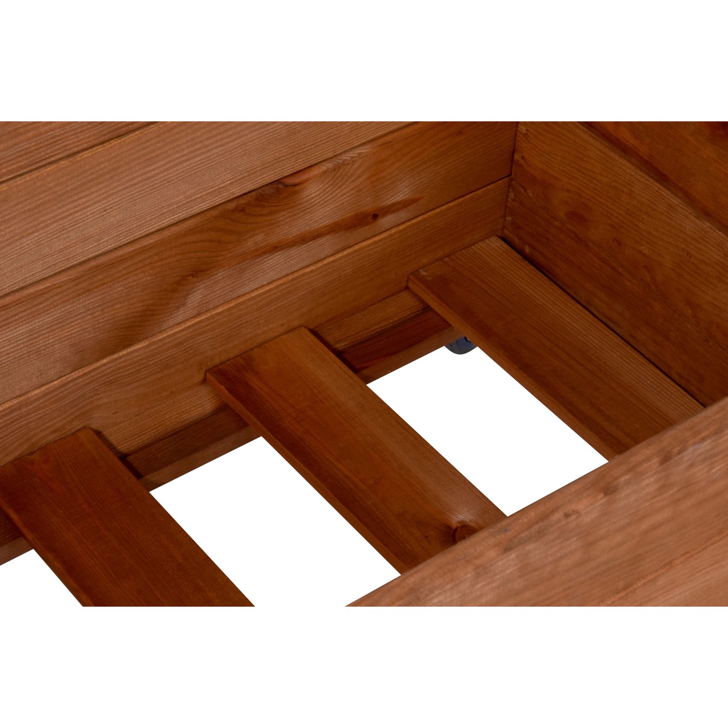 Detailansicht des braunen Dobar Hochbeets Rollfi mit Rollen und Unterkonstruktion aus Holz.