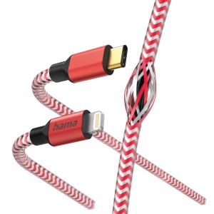 Hama Ladekabel Reflective Nylon USB-C auf Lightning, 1,5m, rot. Robustes, reflektierendes Kabel für Apple Geräte.
