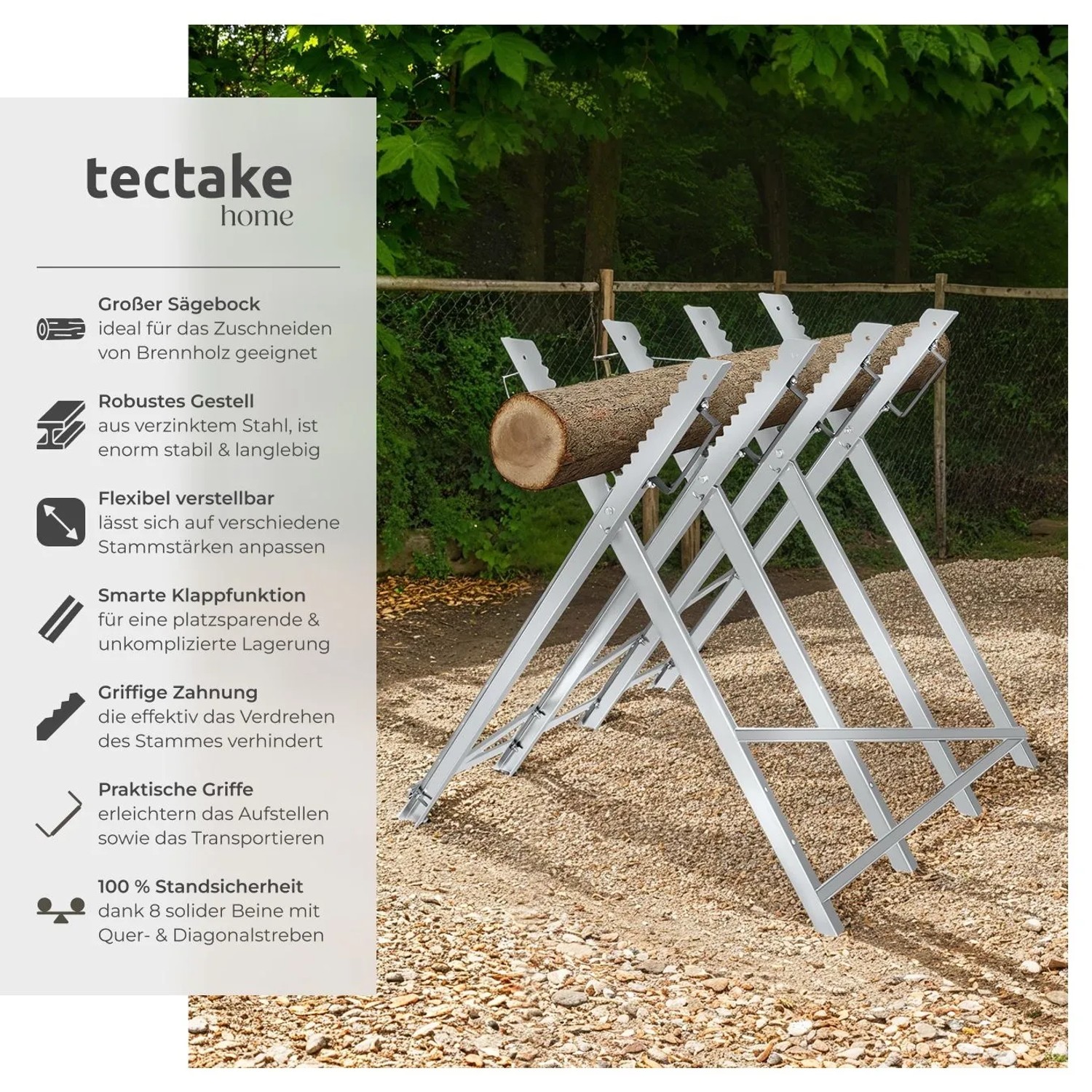 Tectake Holzsägebock aus Stahl, grau, mit Stammhaltern und Zahnung für sicheren Halt.