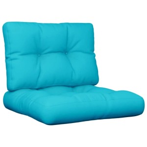 Türkises 2-teiliges Palettenkissen-Set aus Stoff. Bequemes Sitz- und Rückenkissen für Gartenmöbel.