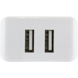 Schwaiger Ladegerät, 2 USB-Anschlüsse, 2.4A, weiß. Zum Aufladen von Handys und Tablets.