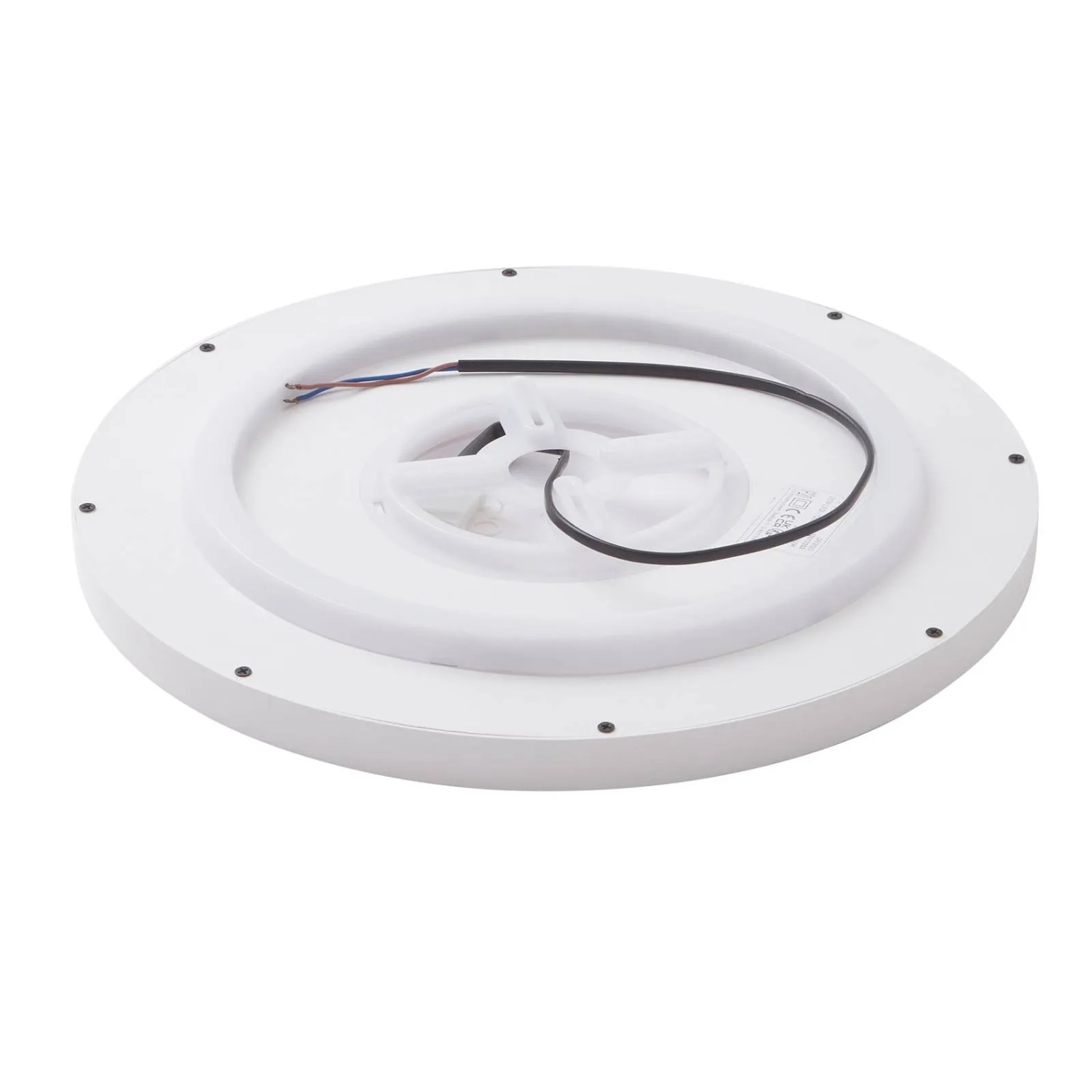 Weiße, runde Lindby LED Smart Home Deckenlampe Denora, Unterseite mit Kabeln und Befestigungselementen.